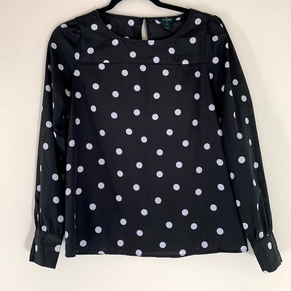 J. Crew Boatneck Long Sleeve Polka Dot Blouse Top Black White XS Office Career